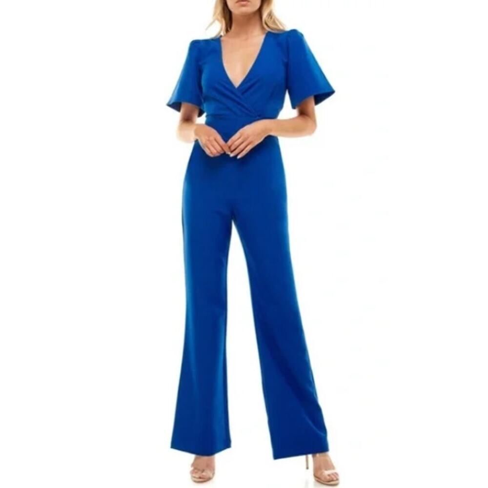 Socialite Deep Surplice Neck Flutter Sleeve Jumpsuit Blue Women's Size Small